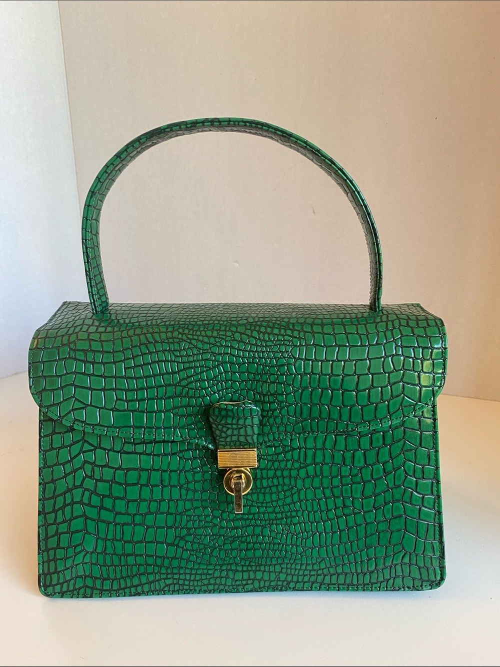 Vintage Coblentz Green Crocodile Embossed Top-Handle Bag with Gold Lock